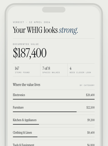 WHIG verdict screen showing $187,400 documented value