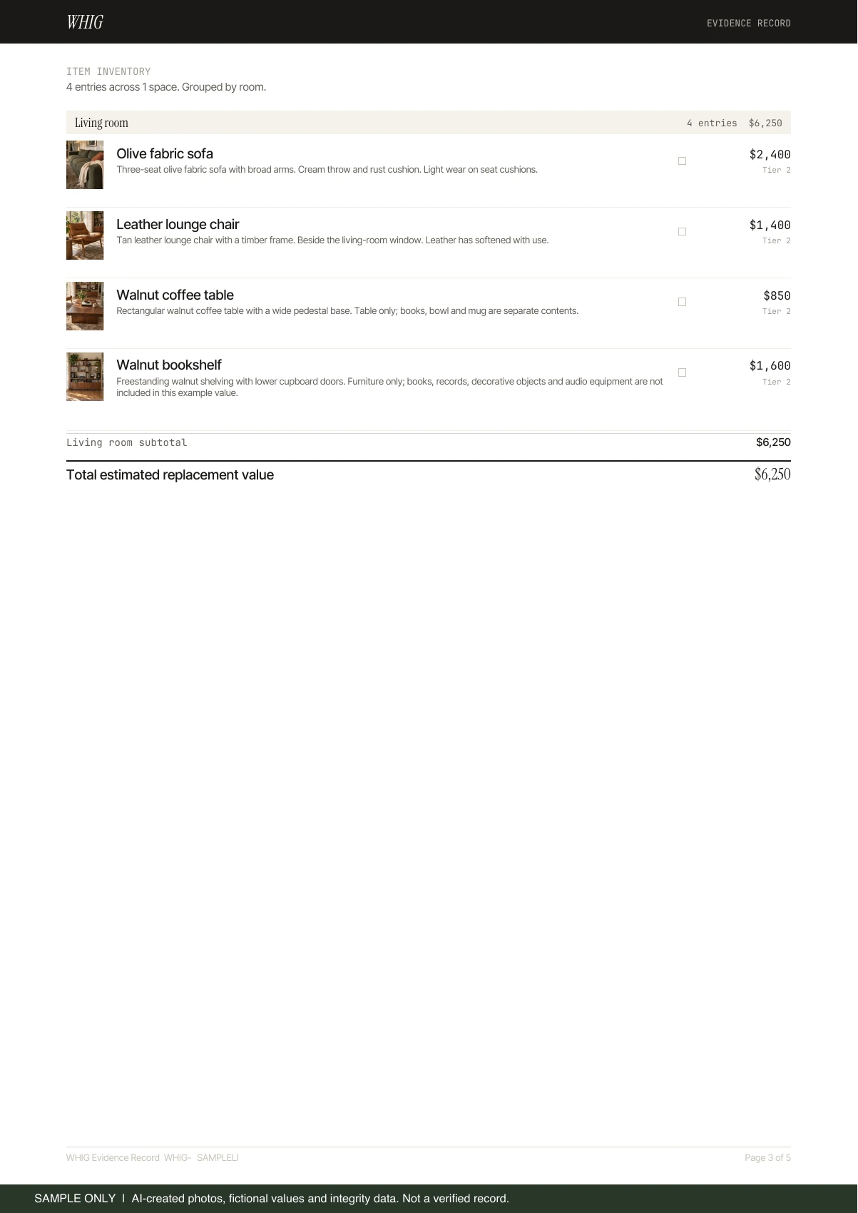 Actual inventory page from the fictional WHIG sample PDF