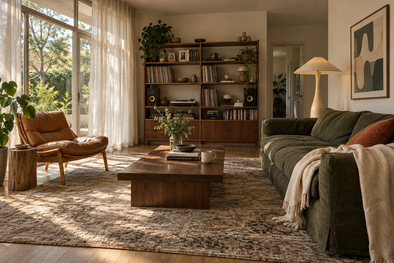 A sunlit, lived-in living room with an olive sofa, leather chair, walnut coffee table and shelves of books and records